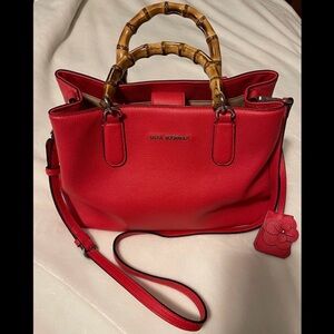 Dana Buchman Candy Apple Red Faux Vegan Leather Bamboo Handles Handbag Bag Purse